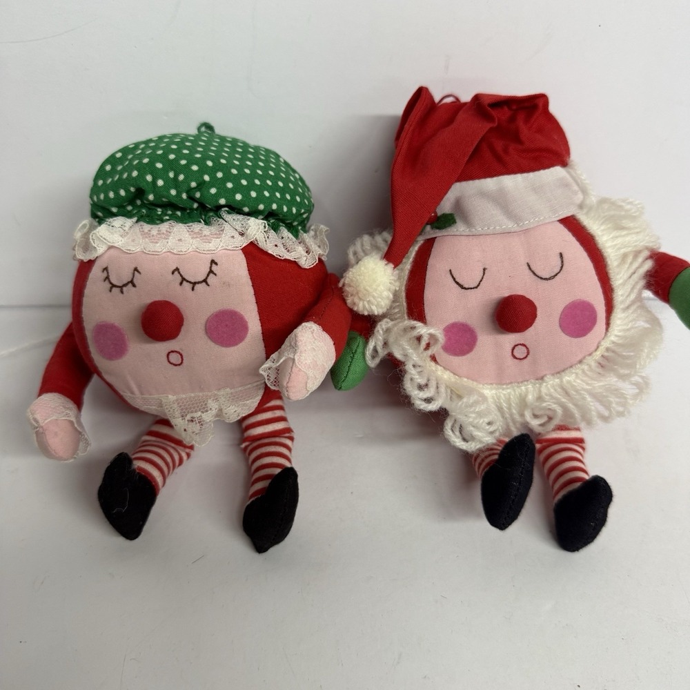 VTG Handmade Mr And Mrs Clause Sleepy Santa Plush Ornaments Rollie‎ Pollie